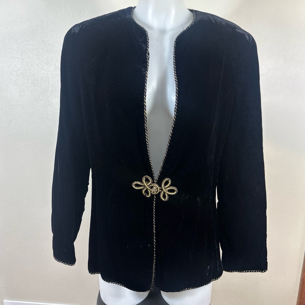 Vintage Talbots 12 Black Velvet Jacket Gold Frog Knot Button Trim Blazer Asian